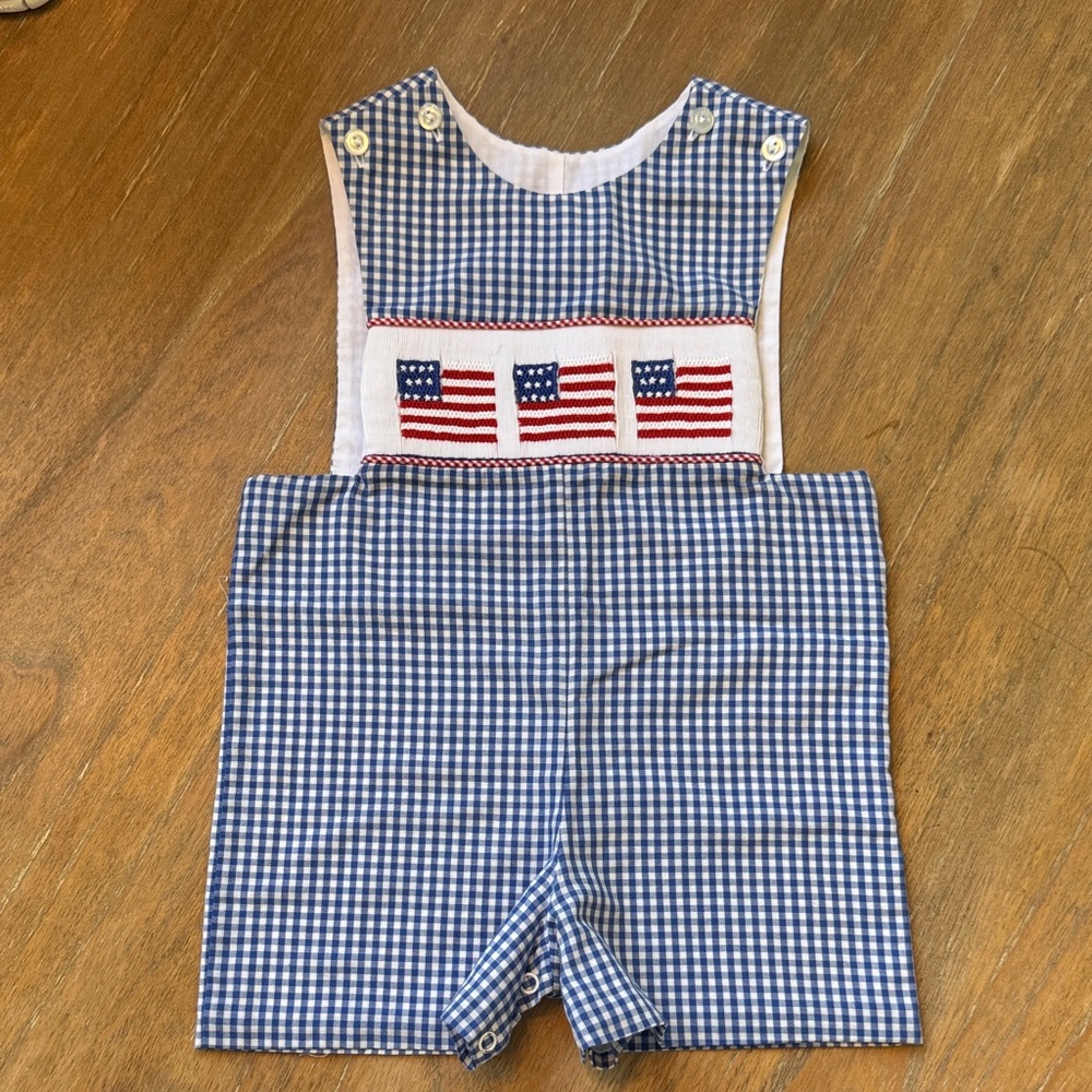 Patriotic Banana Split Blue Gingham Baby Romper 9M